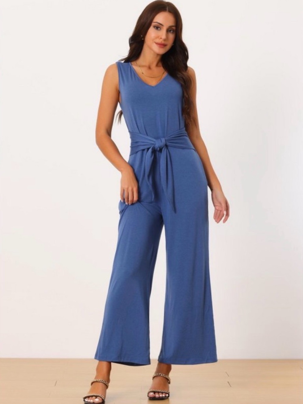Seta T Blue Wide Leg Jumpsuit XL Sleeveless Tie Waist Stretch NWT